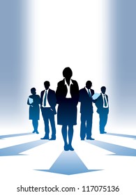 Five silhouettes of successful businesspeople, everyone has own direction.