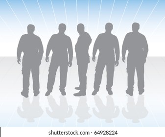 five silhouettes of workers with sunrise background