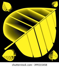 Five silhouettes of yellow leaves of the tree on a black background
