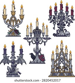 Five Silver Gothic Candelabras with Lit Candles