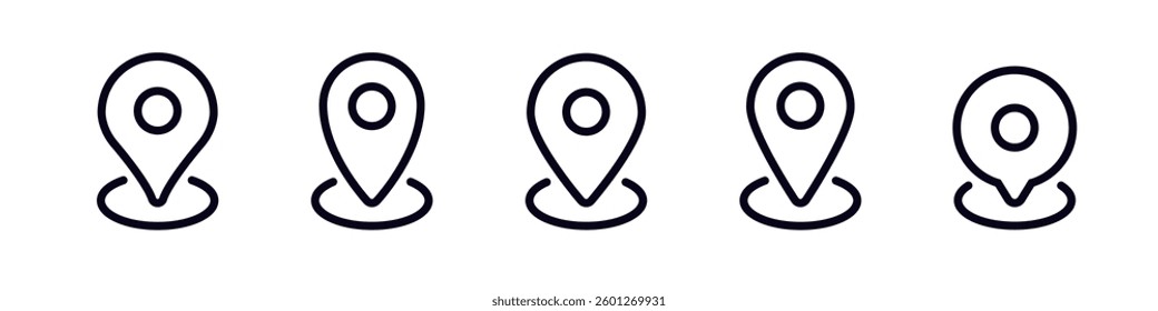 Five similar location pins in a straight line for indicating positions in navigation applications.