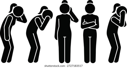 Cinco simples figuras de palo negro de una mujer, que representan una gama de emociones desde la angustia y la preocupación hasta posturas neutrales de pie.