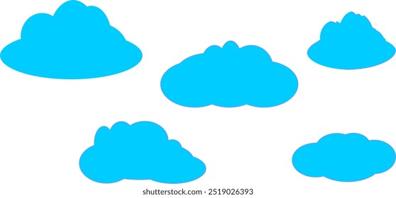 five simple, cartoon-like clouds floating against a pristine white background. The clouds are of varying sizes, with the largest one situated on the left side of the image.