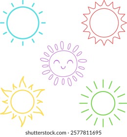 Five simple drawings of sun as symbol of hope and optimism. 