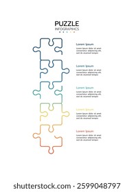 Five simple infographic with five puzzle elements as photo placeholders some descriptions. Creative infographic with puzzle elements.