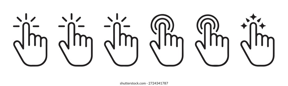 Cinco iconos simples del arte de la línea que ilustran la mano que apunta y que toca la pantalla digital con la indicación sutil de la prensa