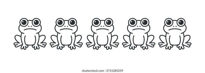 Cinco sapos de desenho animado simples e tristes são alinhados em uma ilustração preto e branco encantadora e ligeiramente melancólica.