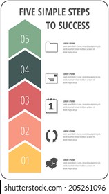Five simple steps to success arrow concept with icons for project, layout, brochure,web design or presentation in vector.
