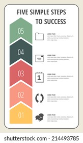 Five simple steps to success arrow concept with icons for project, layout, brochure,web design or presentation in vector.
