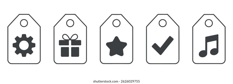 Five simple tags with various icons: gear, gift, star, check mark, and music note. Perfect for app design or website UI.
