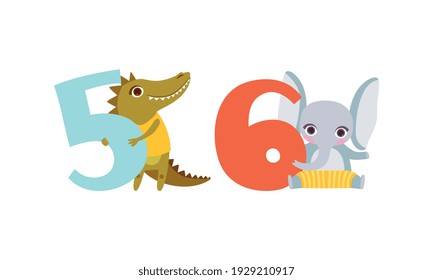 Five and Six Numbers with Cute Crocodile and Elephant, Birthday Anniversary Numerals with Funny African Animals Cartoon Vector Illustration