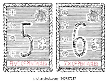 Five and six of pentacles. The minor arcana tarot card, vintage hand drawn engraved illustration with mystic symbols.