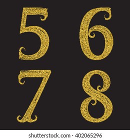 Five, six, seven, eight golden glittering numbers. Vintage font with gold halftone effect.