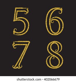 Five, six, seven, eight golden glittering outline numbers. Vintage font with flourishes.