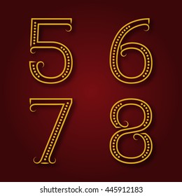 Five, six, seven, eight golden numbers with shadow. Font of dots and lines with flourishes in art deco style.