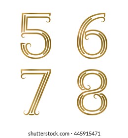 Five, six, seven, eight golden numbers. Font of lines with flourishes in art deco style.