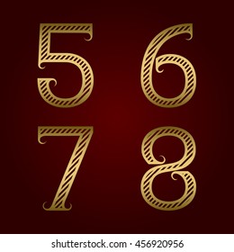 Five, six, seven, eight golden striped numbers with flourishes. Diagonal stripes vintage font.
