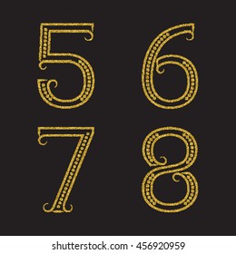 Five, six, seven, eight golden numbers of sparkling dots. Artistic glittering font with flourishes.