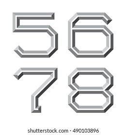 Five, six, seven, eight gray faceted numbers. Prismatic retro font.