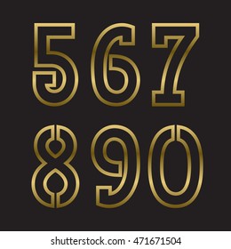 Five, six, seven, eight, nine, zero gold stamped numbers. Trendy and stylish golden font.