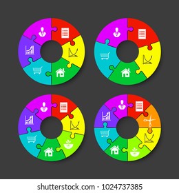 Five, six, seven, eight piece puzzle business presentation. Circle infograph. Five, six, seven, eight step puzzle process diagram. 5,6,7,8 section service banner. section shape, infographic banner