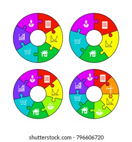 Five, six, seven, eight piece puzzle business presentation. Circle infograph. Five, six, seven, eight step puzzle process diagram. 5,6,7,8 section service banner. section shape, infographic banner