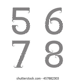 Five, six, seven, eight striped numbers with flourishes. Font of Zebra pattern.
