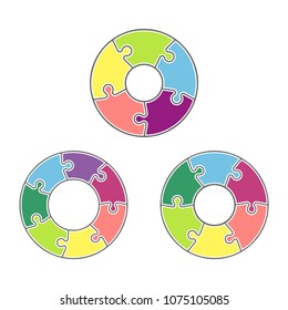 Five, six, seven piece puzzle business presentation. Circle infograph. Five, six, seven step puzzle process diagram. 5,6,7 section compare service banner. section shape, info graphic banner background