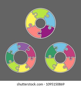 Five, six, seven piece puzzle business presentation. Circle infograph. Five, six, seven step puzzle process diagram. 5,6,7 section compare service banner. section shape, info graphic banner background