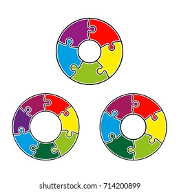 Five, six, seven piece puzzle business presentation. Circle infograph. Five, six, seven step puzzle process diagram. 5,6,7 section compare service banner. section shape, info graphic banner background