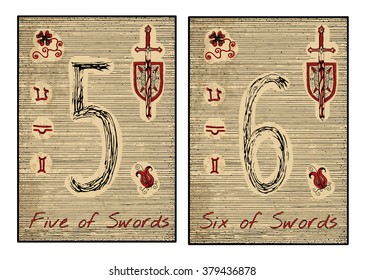 Five and six of swords in red. The minor arcana tarot card, vintage hand drawn engraved illustration with mystic symbols.