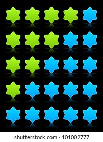 Five six-pointed stars ratings web 2.0 button. Blue and green shapes with shadow and reflection on black, 10eps.