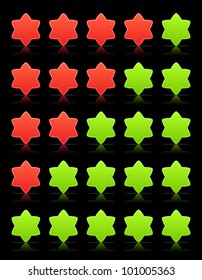 Five six-pointed stars ratings web 2.0 button. Green and red shapes with shadow and reflection on black, 10eps.