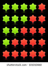 Five six-pointed stars ratings web 2.0 button. Red and green shapes with shadow and reflection on black, 10eps.