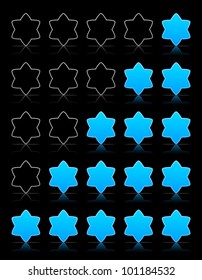 Five six-pointed stars ratings web 2.0 button. Blue shapes with shadow and reflection on black, vector, 10eps.