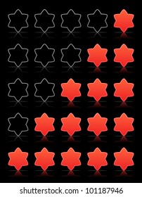 Five six-pointed stars ratings web 2.0 button. Red shapes with shadow and reflection on black, vector, 10eps.