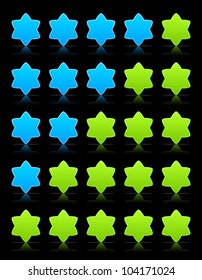 Five six-pointed stars ratings web button. Green and blue shapes with shadow and reflection on black, 10eps.