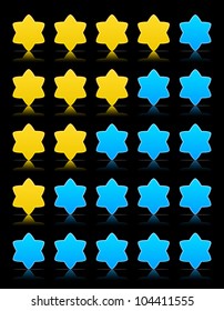 Five six-pointed stars ratings web button. Blue and yellow shapes with shadow and reflection on black, 10eps.