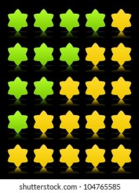 Five six-pointed stars ratings web button. Yellow and green shapes with shadow and reflection on black, 10eps.