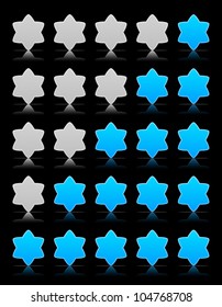 Five six-pointed stars ratings web button. Blue and gray shapes with shadow and reflection on black, 10eps.