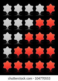 Five six-pointed stars ratings web button. Red and gray shapes with shadow and reflection on black, 10eps.