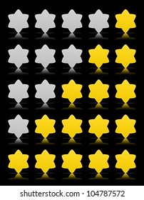 Five six-pointed stars ratings web button. Yellow and gray shapes with shadow and reflection on black, 10eps.