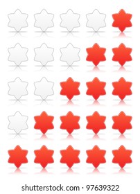 Five six-pointed stars ratings web 2.0 button. Red shapes with shadow and reflection on white, 10eps.