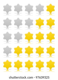 Five six-pointed stars ratings web 2.0 button. Yellow and gray shapes with shadow and reflection on white, 10eps.