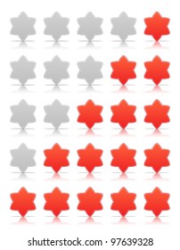 Five six-pointed stars ratings web 2.0 button. Red and gray shapes with shadow and reflection on white, 10eps.