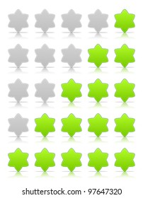 Five six-pointed stars ratings web 2.0 button. Green and gray shapes with shadow and reflection on white, 10eps.