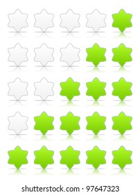 Five six-pointed stars ratings web 2.0 button. Green shapes with shadow and reflection on white, 10eps.