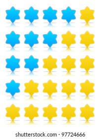 Five six-pointed stars ratings web 2.0 button. Yellow and blue shapes with shadow and reflection on white, 10eps.
