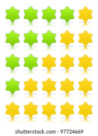 Five six-pointed stars ratings web 2.0 button. Yellow and green shapes with shadow and reflection on white, 10eps.