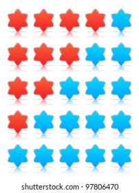 Five six-pointed stars ratings web 2.0 button. Blue and red shapes with shadow and reflection on white, 10eps.